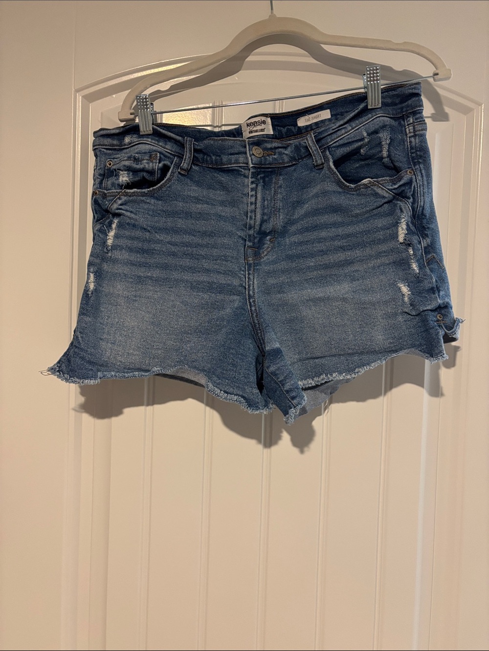 Kensie Light Blue Distressed Raw Hem Denim Shorts